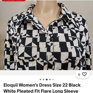 Eloquii Black and White Geometric Pleated Midi Shirtdress